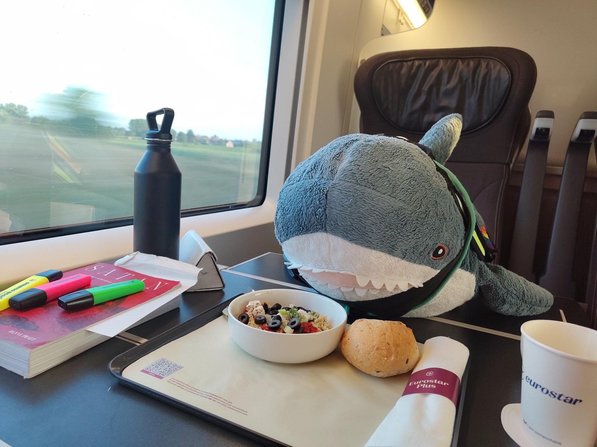 A Blåhaj cuddly shark sitting on a table of a Eurostar train with a meal as included in the first class in front of them. The Blåhaj wears a haj-vis harness with rainbow patches and a lanyard with a Dutch OV-chipkaart on it.

Eh Hapi, did you stain those chairs in the second class?